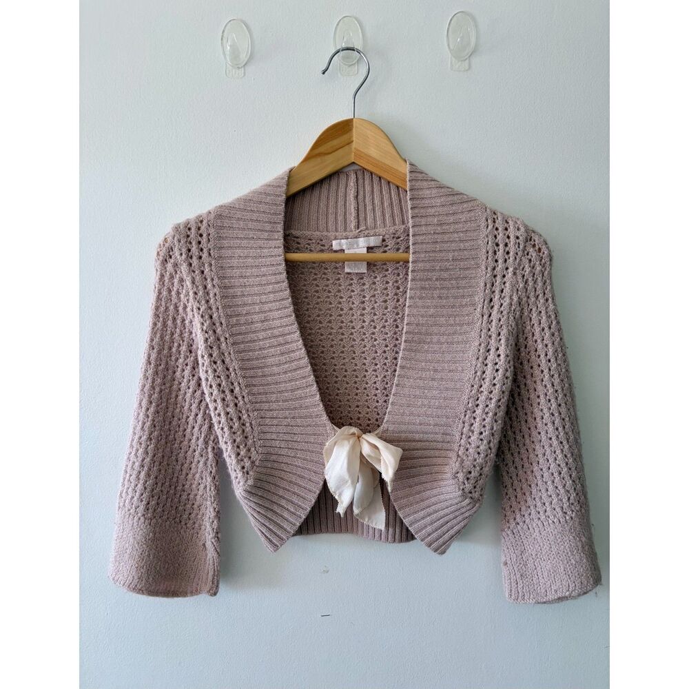 REBECCA TAYLOR Vtg Y2K Pink Alpaca Knit Crop Crochet Shrug Cardigan Womens Small